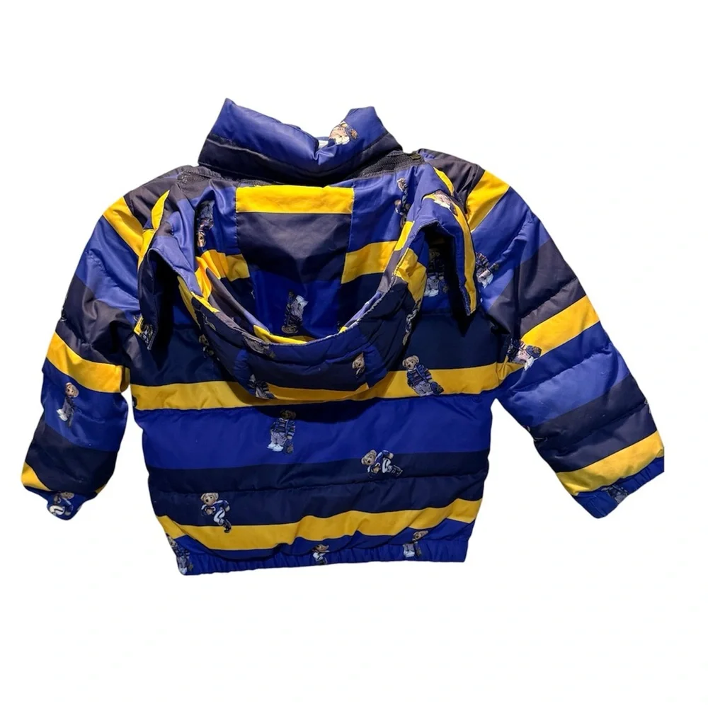 Polo Ralph Lauren Striped Allover Bear Print Puffer Jacket in Navy Yellow 4T